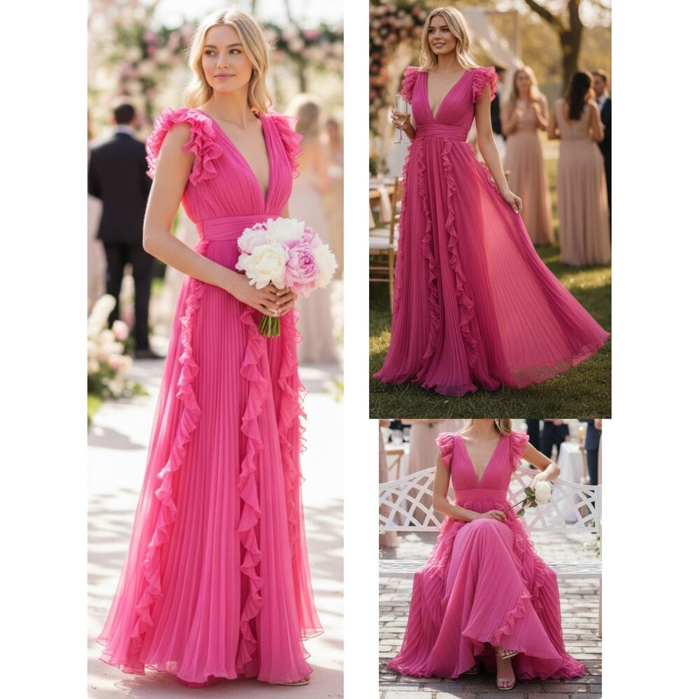 NWT MAC DUGGAL DRESS PINK WEDDING GUEST FORMAL EVENING ROMANTIC RUFFLE LONG MAXI